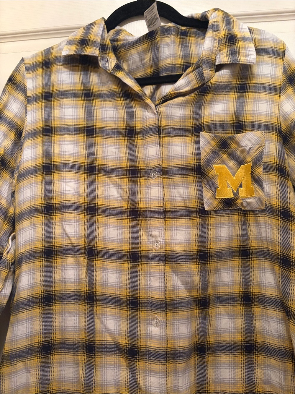 Women's Yellow and Navy Plaid Button-Down Shirt with Chest Patch